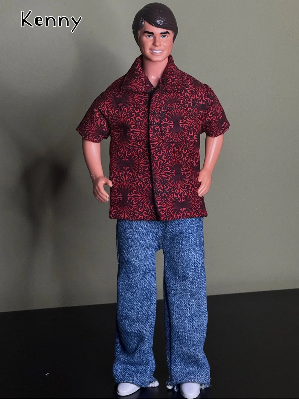 Crimson damask swirl print doll shirt lined in black